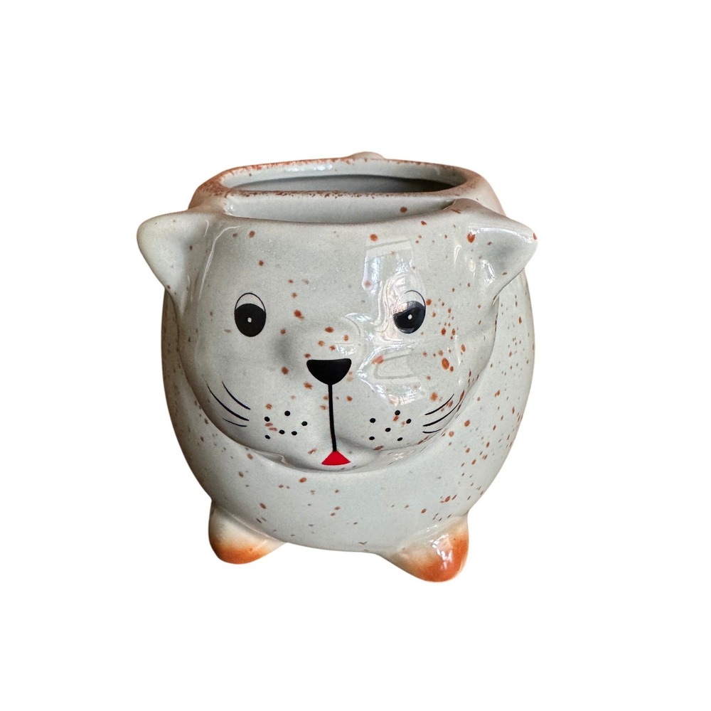Ceramic Cat Planter Mug Light Green Speckled Glossy Dual Compartment Feline Pot